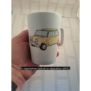 Porselein mok beker met gele kleur Mini Cooper tekening
