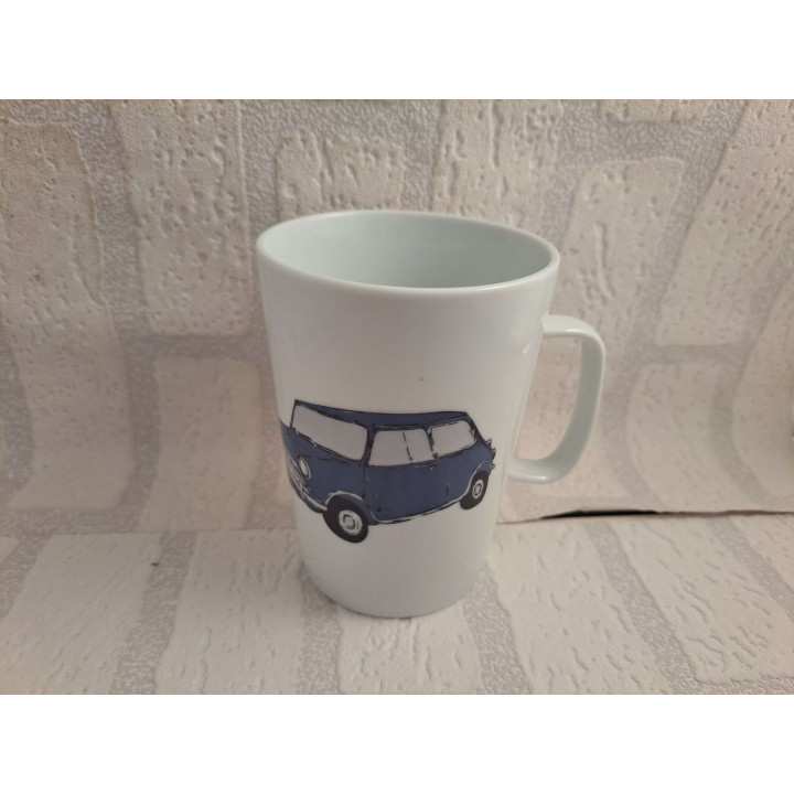 Porselein mok beker met blauwe kleur Mini Cooper tekening - handgemaakt