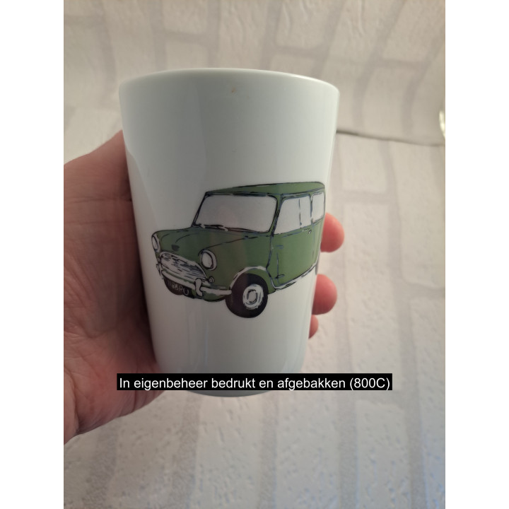 Porselein mok beker met groene kleur Mini Cooper tekening