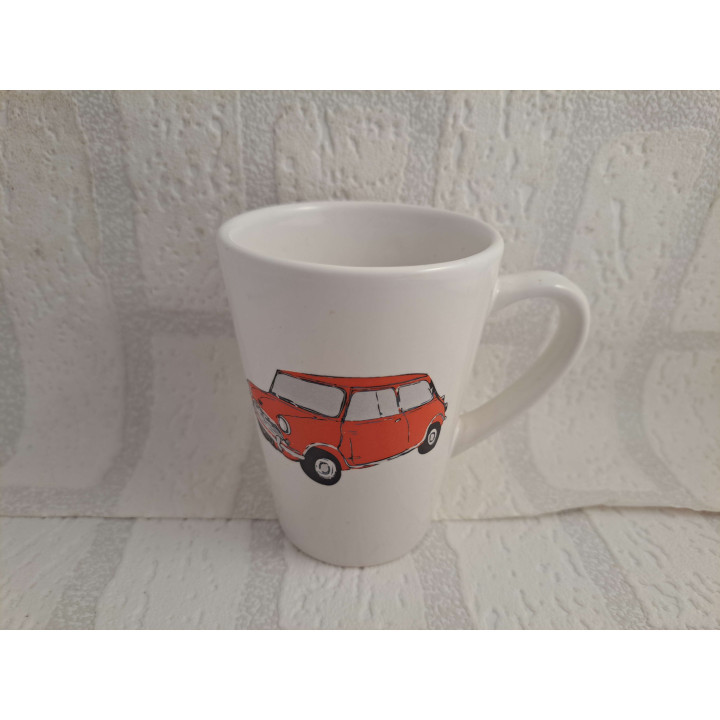 Porselein koffie melk beker met roodoranje Mini Cooper tekening - handgemaakt