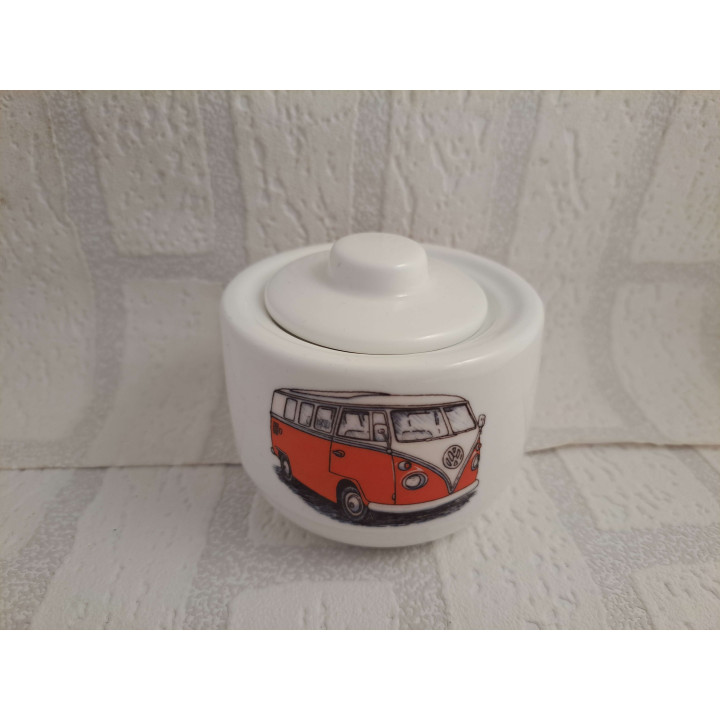 Suikerpotje met Volkswagen bus opdruk, porselein D10xH8cm - handgemaakt