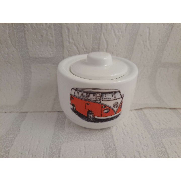 Suikerpotje met Volkswagen bus opdruk, porselein D10xH8cm - handgemaakt