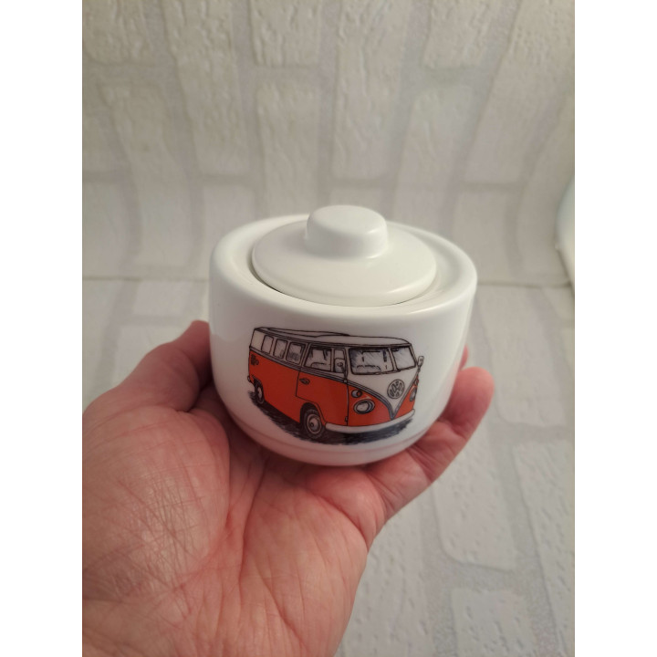 Suikerpotje met Volkswagen bus opdruk, porselein D10xH8cm - handgemaakt