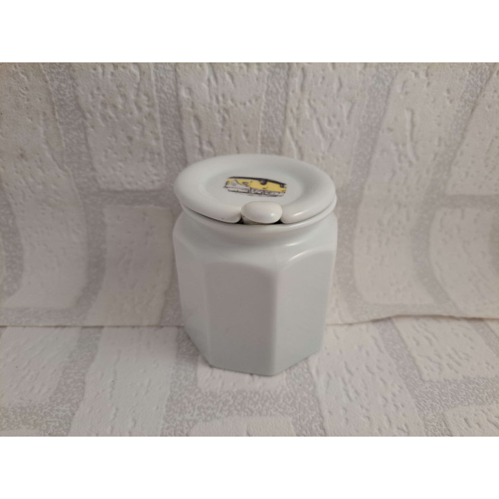 Suikerpot en lepel van porselein met gele Volkswagen Type 1 combi bus tekening - handgemaakt