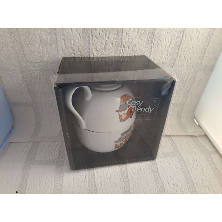 Theepot van porselein met theekop met Volkswagens bus - handgemaakt