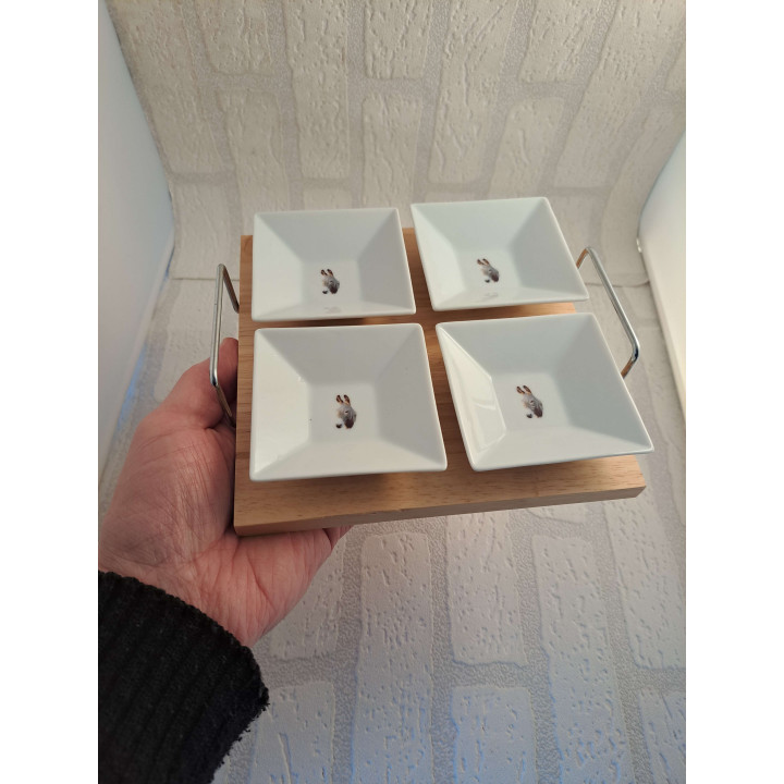 Amuse schaaltjes van porselein met hout plaque met ezel kop  - handgemaakt
