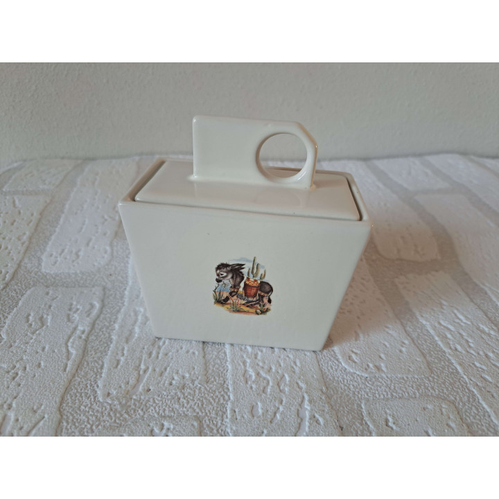 Set kop en schotels met suikerpot en melkkan van porselein met ezel tekening - handgemaakt