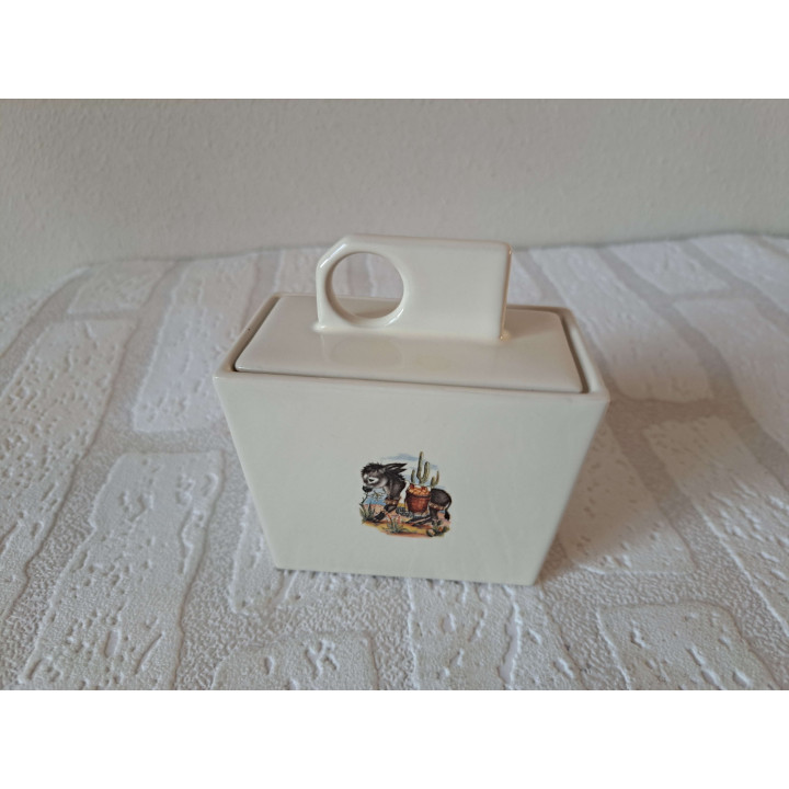 Set kop en schotels met suikerpot en melkkan van porselein met ezel tekening - handgemaakt