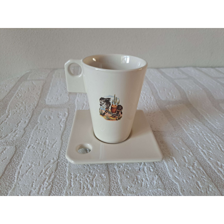 Set kop en schotels met suikerpot en melkkan van porselein met ezel tekening - handgemaakt
