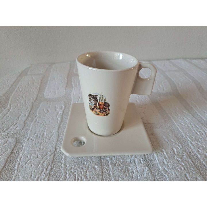 Set kop en schotels met suikerpot en melkkan van porselein met ezel tekening - handgemaakt