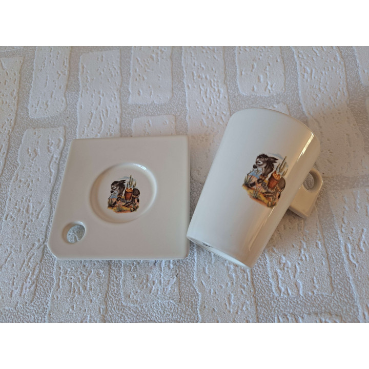 Set kop en schotels met suikerpot en melkkan van porselein met ezel tekening - handgemaakt