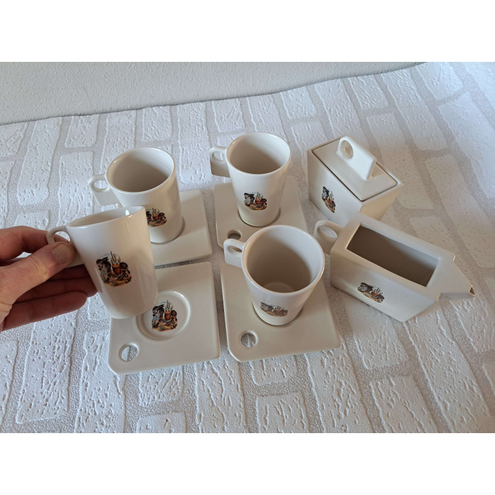 Set kop en schotels met suikerpot en melkkan van porselein met ezel tekening - handgemaakt