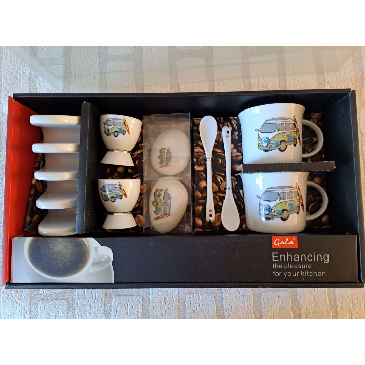 Ontbijtset Volkswagen bus en surfplank, porselein 41x22x9cm - handgemaakt