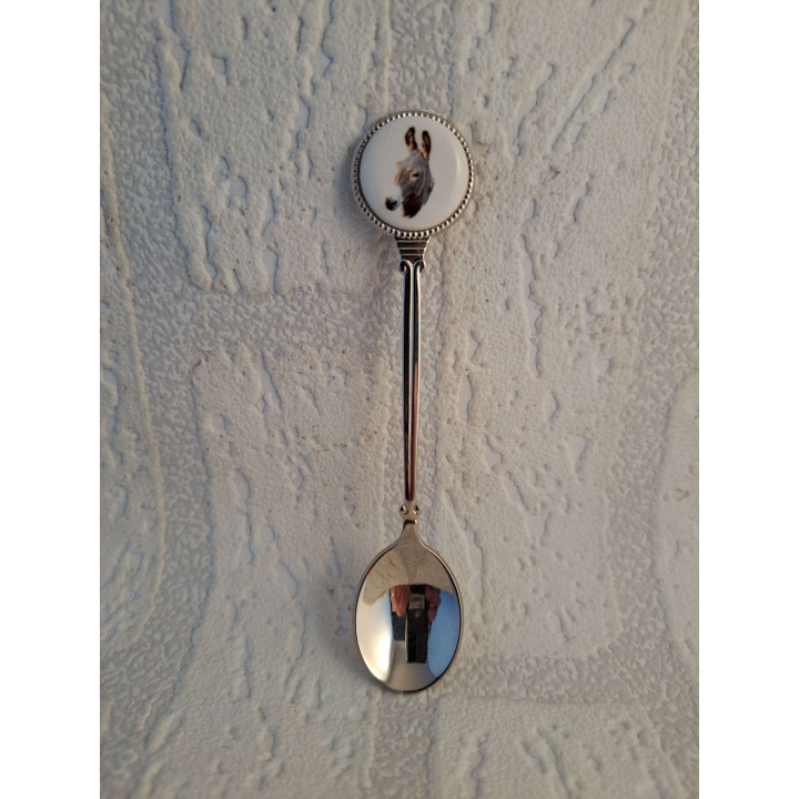 Metaal theelepeltje Ezel kop op het porselein rondje - Verzamelobject