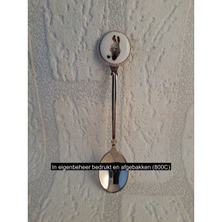 Metaal theelepeltje Ezel kop op het porselein rondje