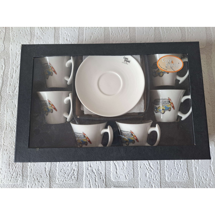 Set kop en schotels van porselein met Volkswagen en surfplank - handgemaakt