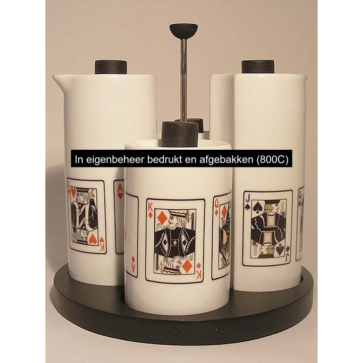 Peper, zout, olie, azijn speelkaarten, porselein D16.5xH17.5cm - handgemaakt