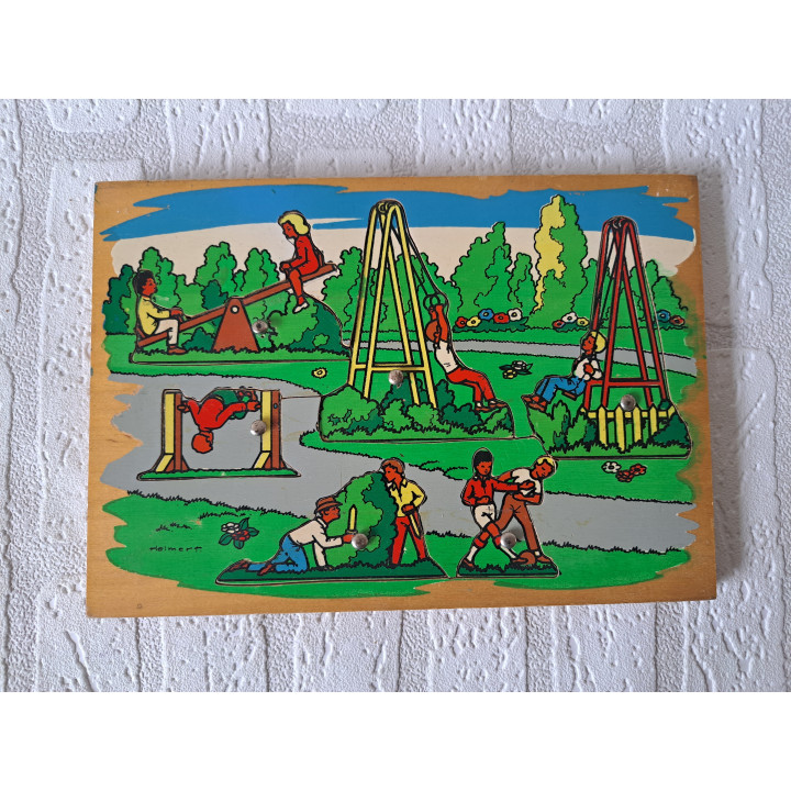 Houten dopjes puzzel met buiten taferelen 25x17.5x1cm - puzzels