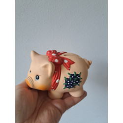 Varken van keramiek met strik spaarpot 14x8.5x7.5cm