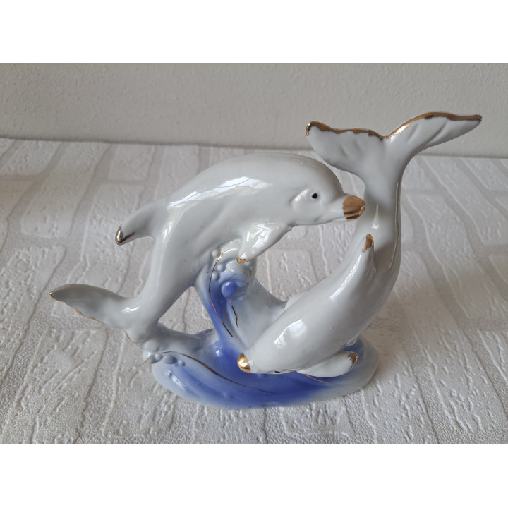 Grote beeld van porselein met dolfijnen 20x8x18cm - dierfiguren