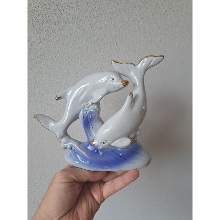 Grote beeld van porselein met dolfijnen 20x8x18cm