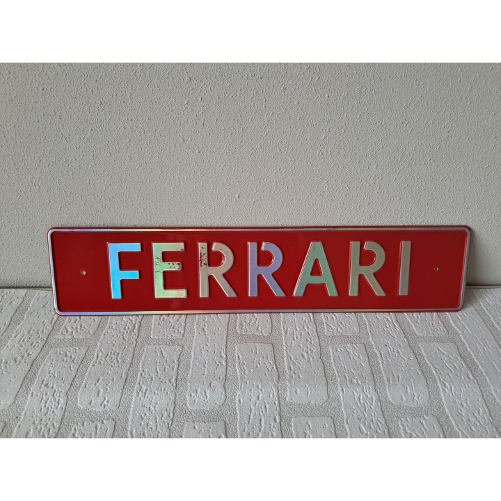 Naam Ferrari op een geëmailleerde wandplaat 52x11x0.3cm - wandplaten