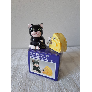 Poes met muis op kaas peper en zoutstel, porselein 7x6x8cm