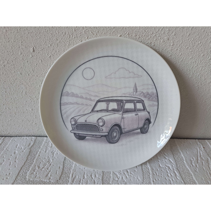 Ontbijtbord met Mini Cooper 1959, porselein D17XH2cm - handgemaakt