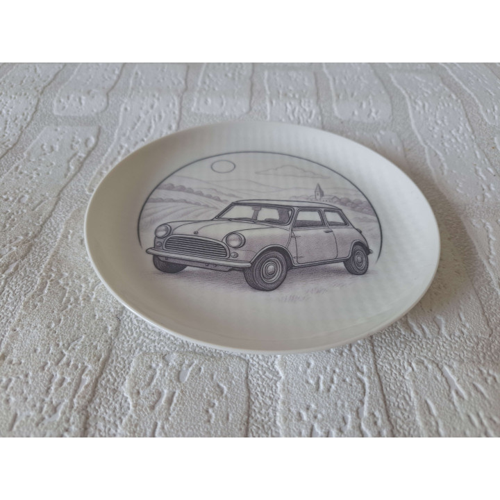 Ontbijtbord met Mini Cooper 1959, porselein D17XH2cm - handgemaakt