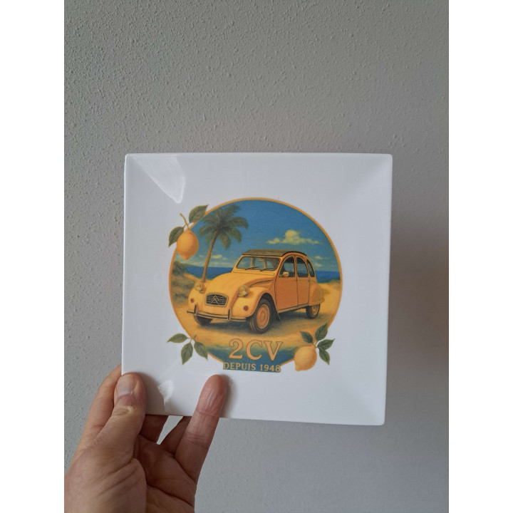 Sierbord, Citroen 2CV Depuis 1948, porselein 19.5x19.5x2cm - handgemaakt