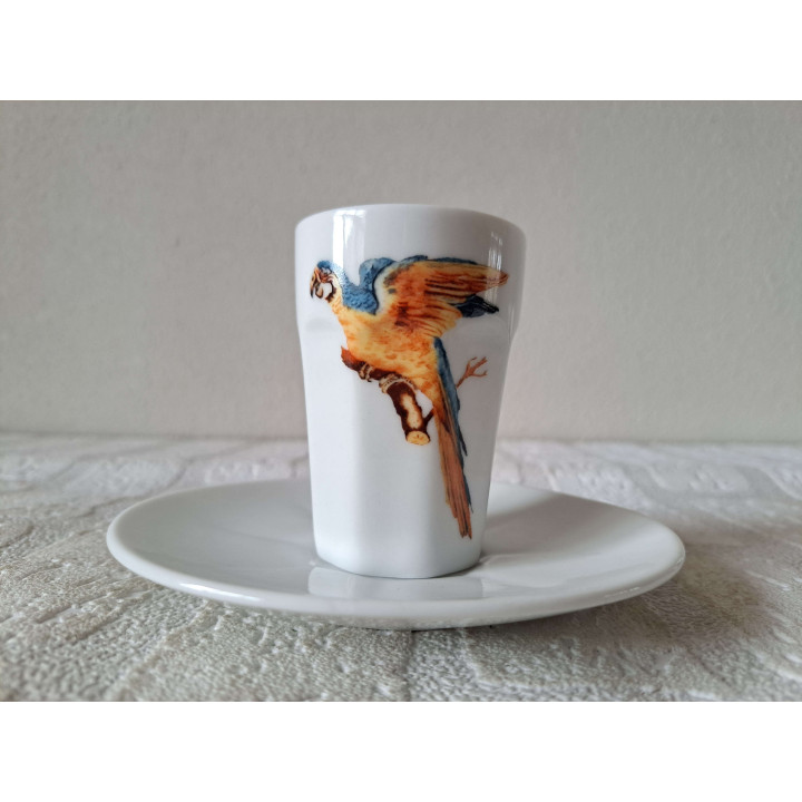 Kop en schotel met papagaai tekening, porselein D12.5xH8cm - handgemaakt