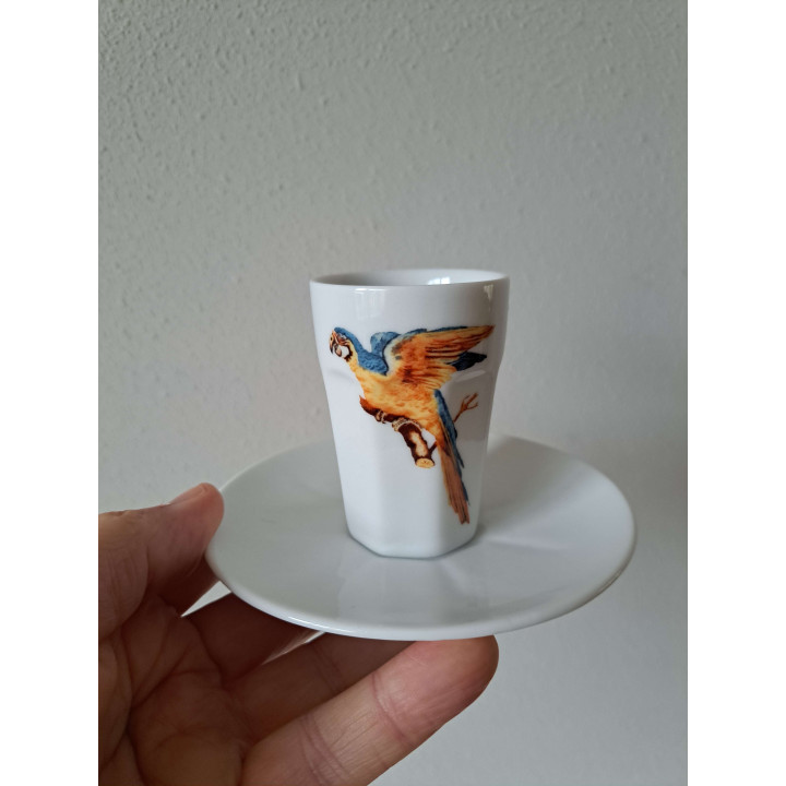 Kop en schotel met papagaai tekening, porselein D12.5xH8cm - handgemaakt