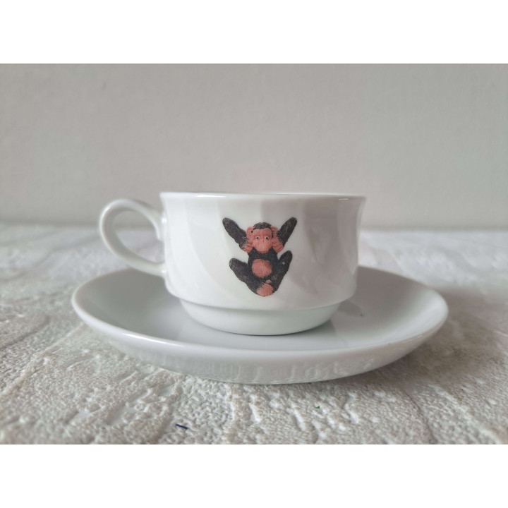 Kop en schotel Horen - zien - zwijgen, porselein D11.5x.H5cm - handgemaakt