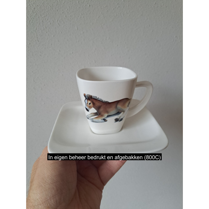 Kop en schotel met paard veulen, porselein 14x14x8.5cm