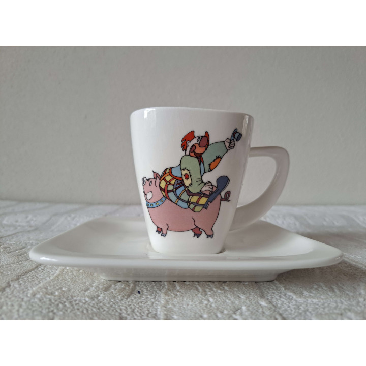 Kop en schotel met clown en varken, porselein 14x14x8.5cm - handgemaakt