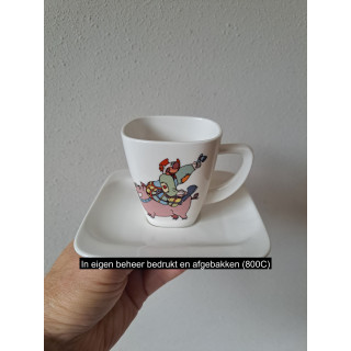 Kop en schotel met clown en varken, porselein 14x14x8.5cm