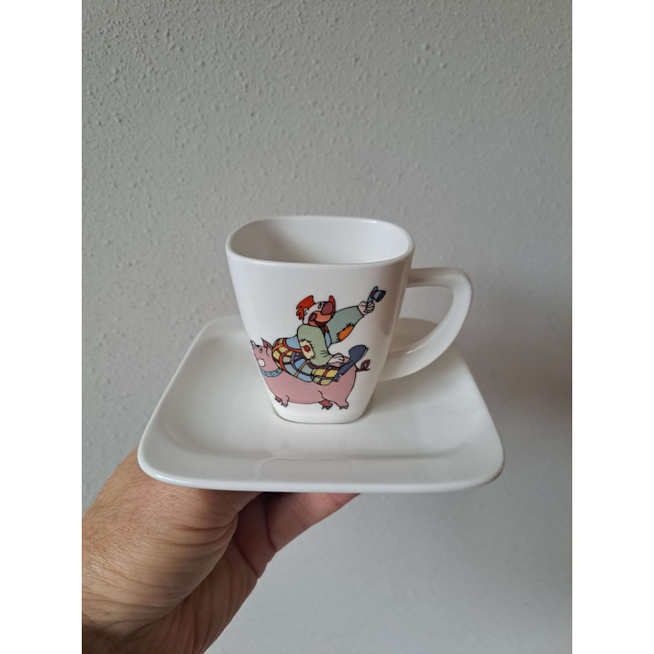 Kop en schotel met clown en varken, porselein 14x14x8.5cm - handgemaakt