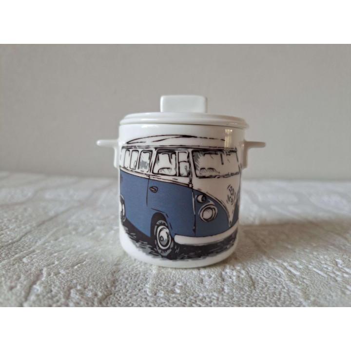 Suikerpotje met blauwe Volkswagen bus, porselein D7xH8cm - handgemaakt
