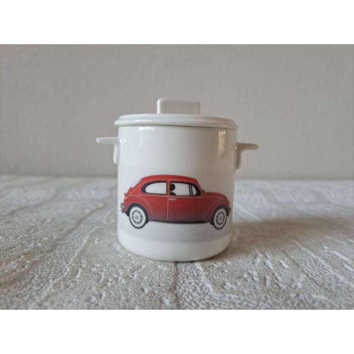 Suikerpotje met Volkswagen kever oldtimer, porselein D7xH8cm - handgemaakt