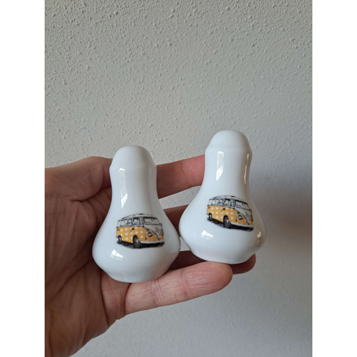 Volkswagen bus peper en zoutstel porselein D5.5xH8cm stippen - peper en zoutstellen