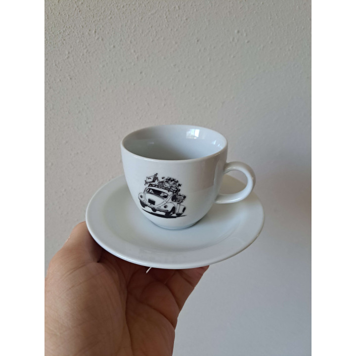 Kop en schotel Volkswagen kever tekening, porselein D14xH8cm - handgemaakt