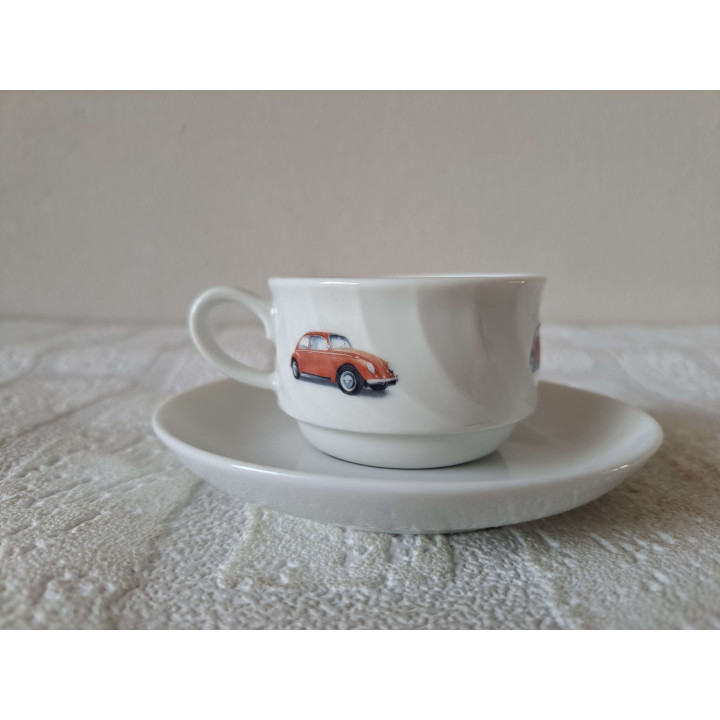 Kop en schotel Volkswagen kever, porselein D11.5xH4.5cm - handgemaakt