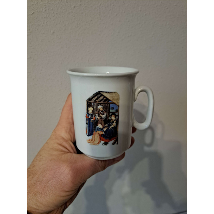 Mok beker met Kerststal tekening, Porselein D7.5xH9.5m - handgemaakt