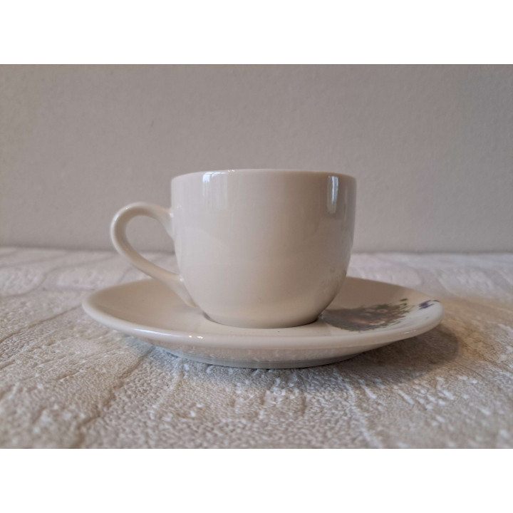 Kop en schotel met konijn en bloemen, porselein D7xH7cm - handgemaakt