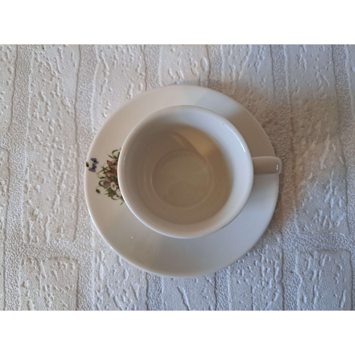 Kop en schotel met konijn en bloemen, porselein D7xH7cm - handgemaakt