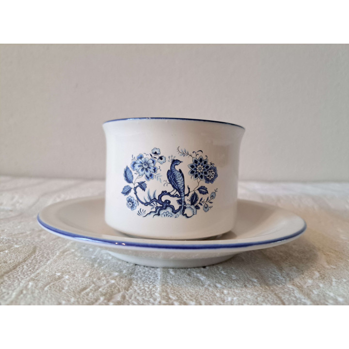 Delfsblauw kop en schotel met Pauw vogel, porselein D14xH7cm - handgemaakt