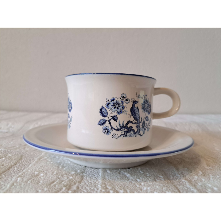 Delfsblauw kop en schotel met Pauw vogel, porselein D14xH7cm - handgemaakt