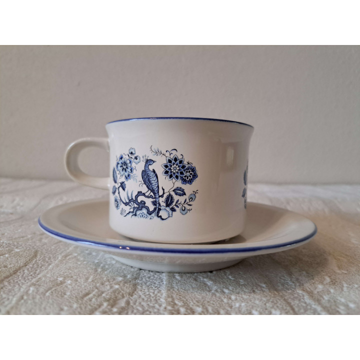 Delfsblauw kop en schotel met Pauw vogel, porselein D14xH7cm - handgemaakt