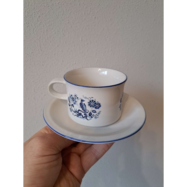 Delfsblauw kop en schotel met Pauw vogel, porselein D14xH7cm - handgemaakt