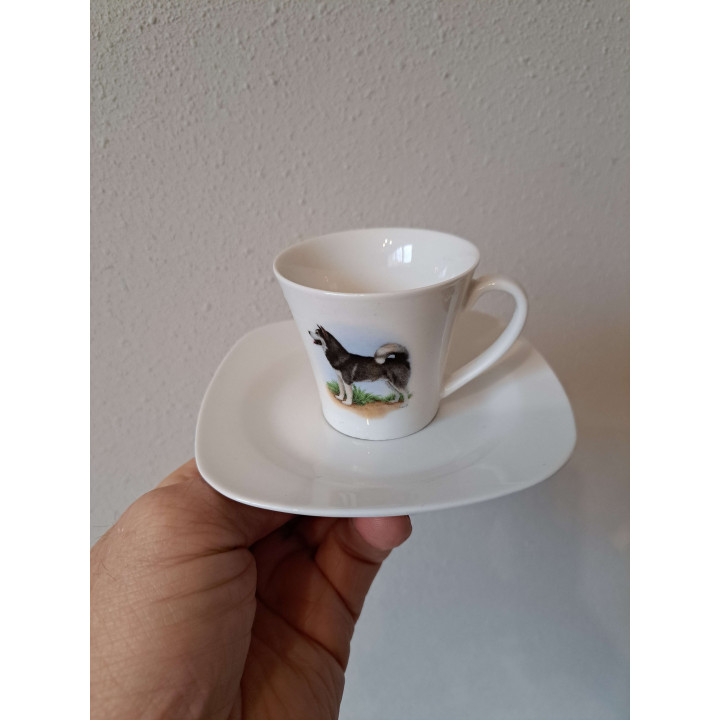 Espresso kop en schotel Alaskan hond porselein 11.5x11.5x6cm - handgemaakt